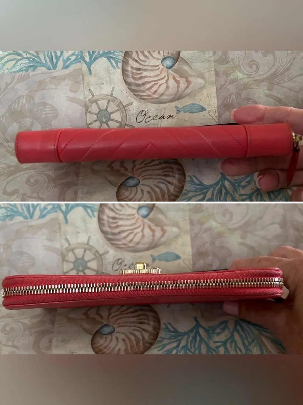 CHANEL Pink/Coral Quilted Chevron Zip Wallet